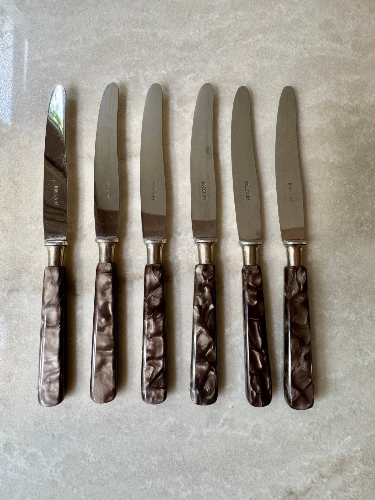 Vintage taartmesjes /dessertmessen marmer look heft 6 stuks), Ophalen of Verzenden