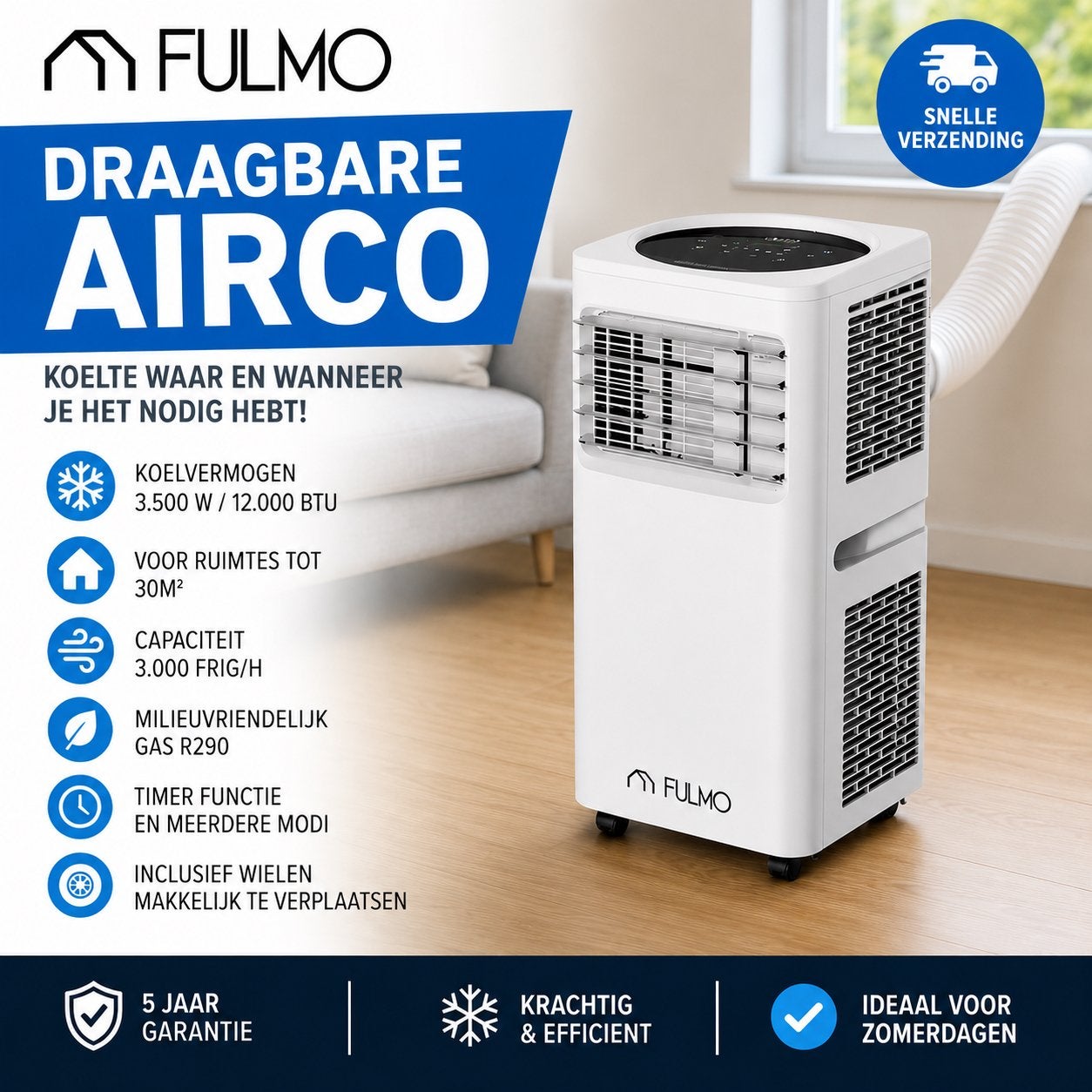 FULMO Mobiele Airco 12.000 BTU – Nieuw in Doos, Ophalen, Minder dan 60 m³, Nieuw, 3 snelheden of meer