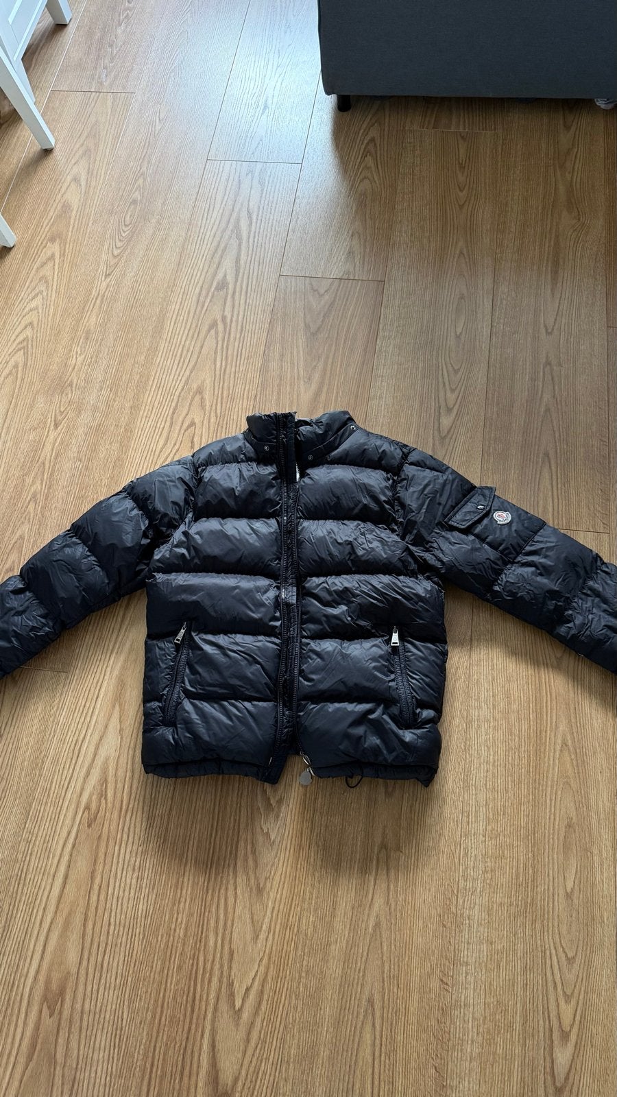 Moncler donsjas donkerblauw maat 3 (L), Verzenden, Gedragen, Maat 52/54 (L), Blauw