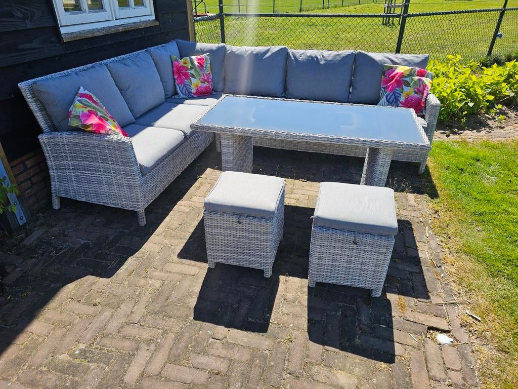 Schitterende loungeset/diningset/hoekbank/tafel/2hockers, Ophalen, Wicker