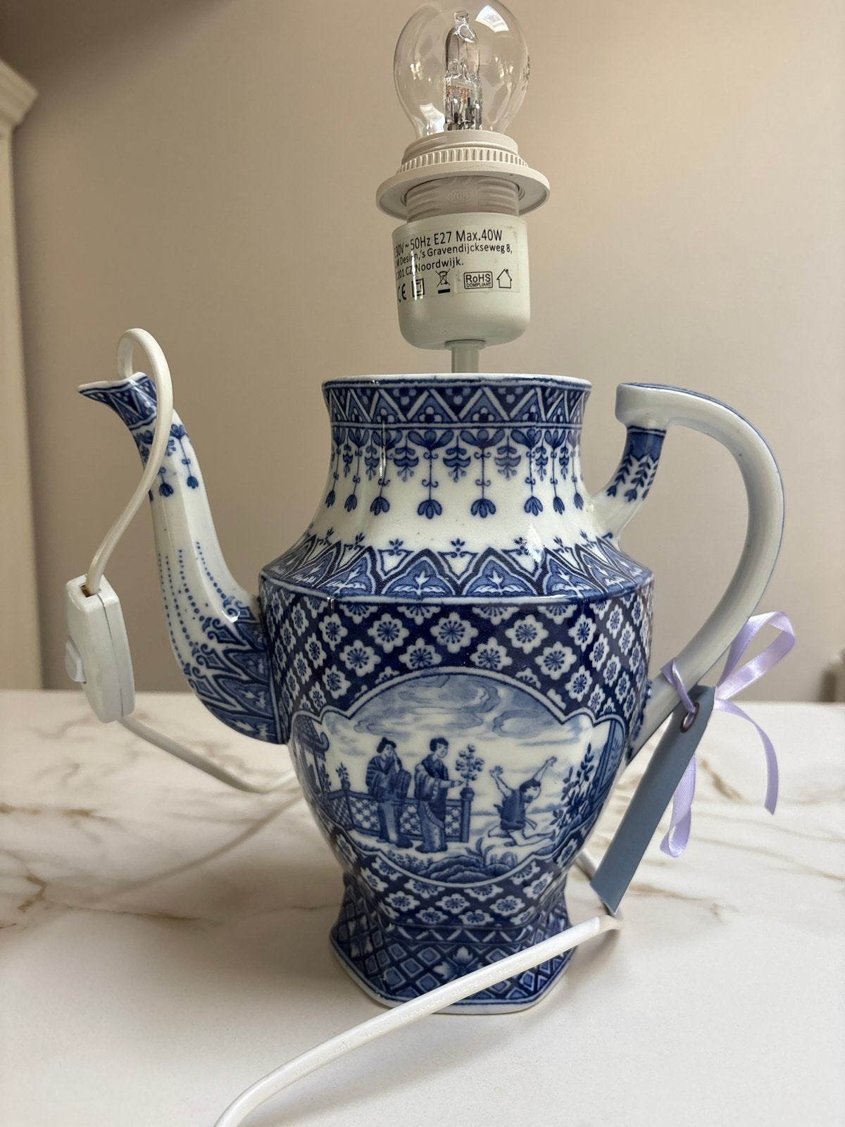 Unieke Theepot Lamp - Delfts Blauw Stijl, Overige merken, Gebruikt, Blauw, Met schakelaar