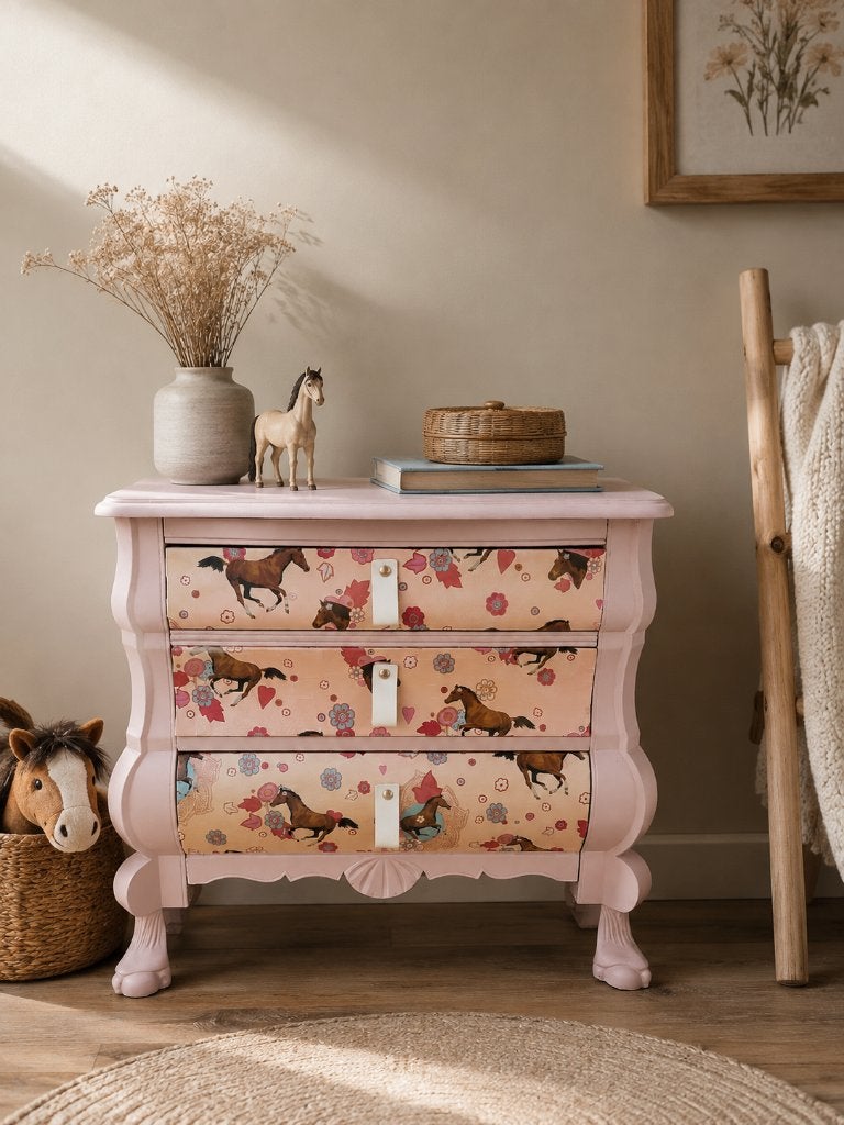Lieflijk ladekastje met paardenprint, Eikenhout, Zo goed als nieuw, 3 of 4 laden, Minder dan 100 cm