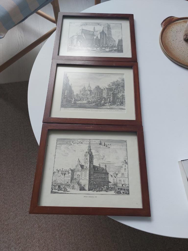 3x Ingelijste Prenten: Stadsgezichten Rotterdam & Den Haag, Ophalen of Verzenden, Stadsgezicht, Gravure