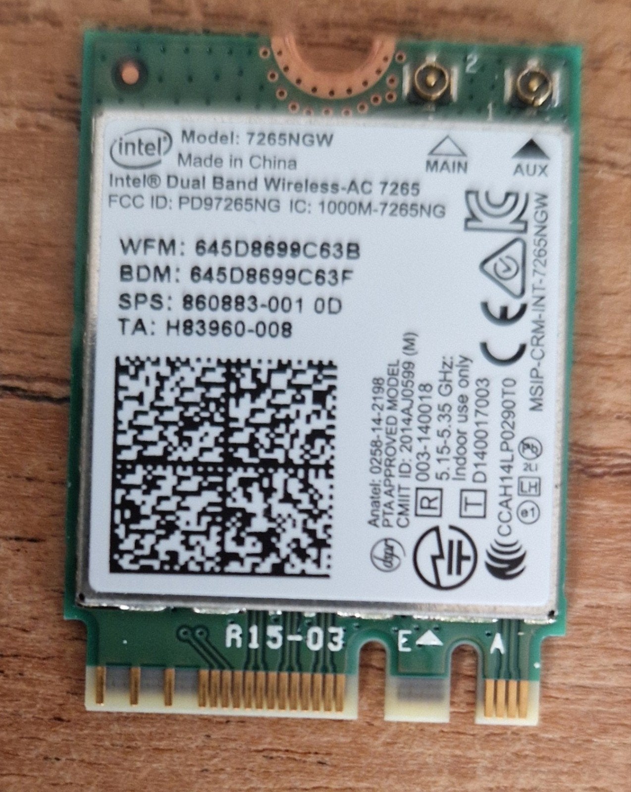 Intel Dual Band AC 7265 WiFi Bluetooth kaart +antennes, Computers en Software, Ophalen of Verzenden, Gebruikt, Intern, Intel