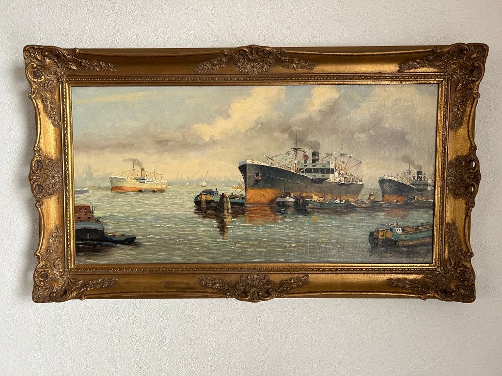Schilderij havengezicht Rotterdam, Antiek en Kunst, Kunst | Schilderijen | Klassiek, Ophalen