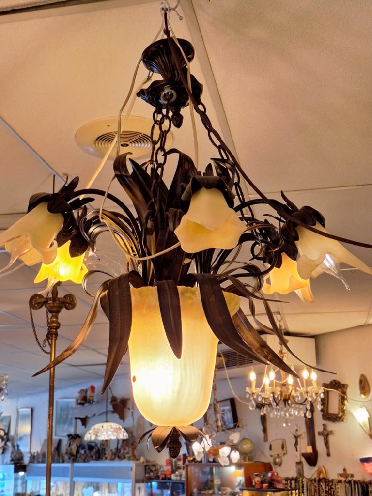 Vintage Bloemen Lamp - Glas en Metaal Kroonluchter, Antiek en Kunst, Ophalen