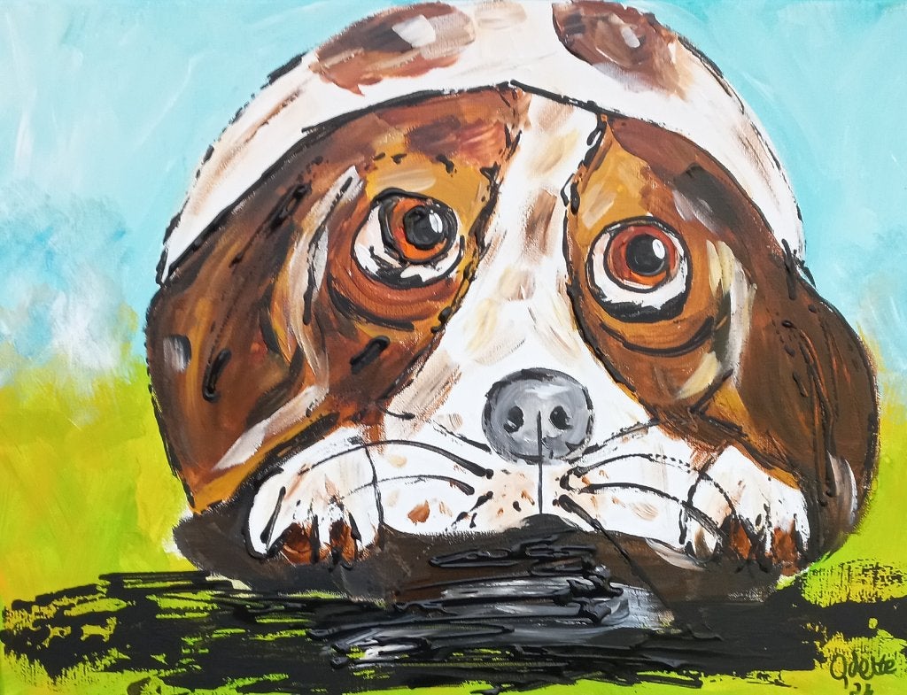 Schilderij liggende hond, Minder dan 50 cm, Nieuw, Ophalen of Verzenden, Schilderij