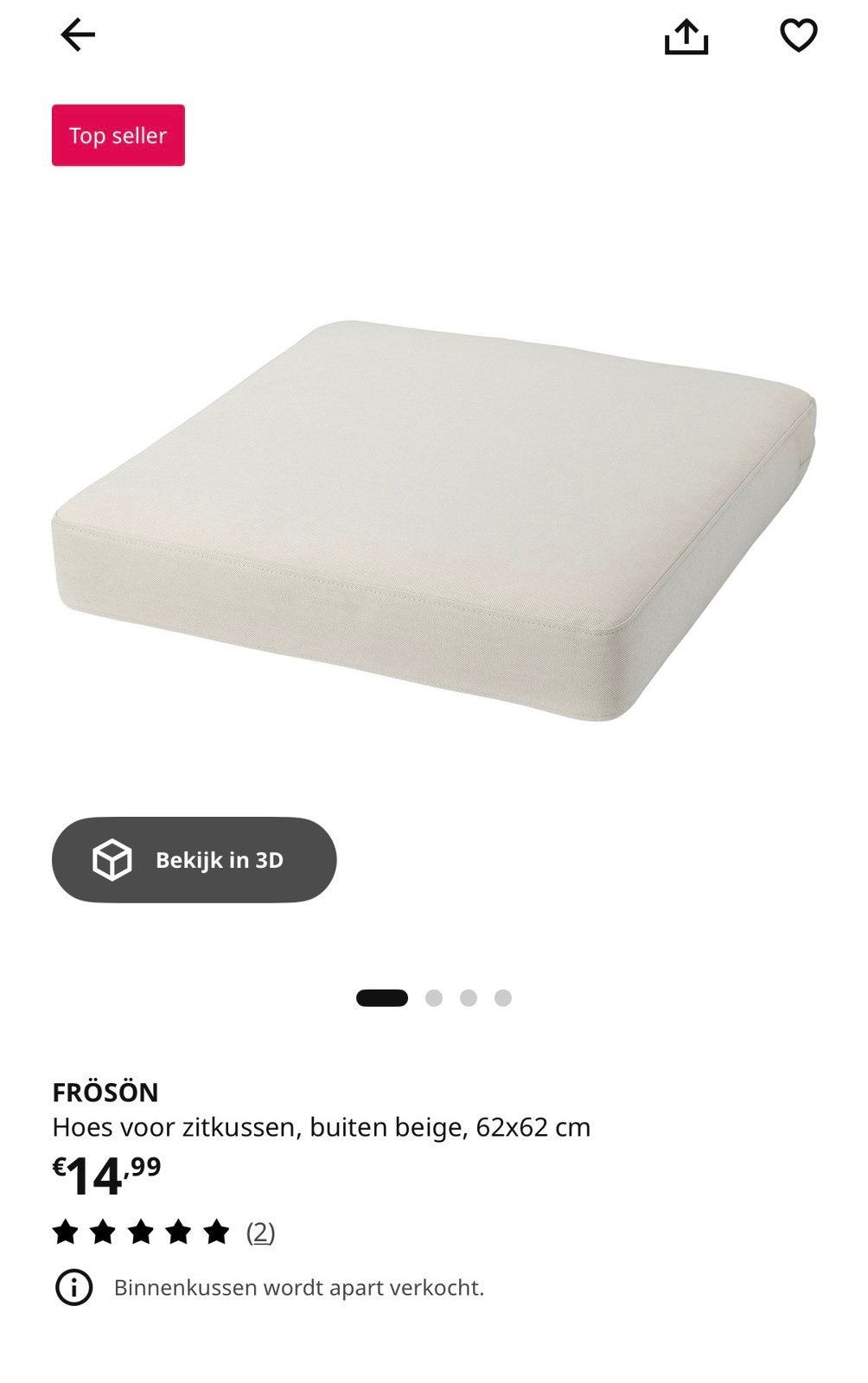 4x IKEA FRÖSÖN/DUVHOLMEN buitenkussens met hoes – Beige, Ophalen, Zo goed als nieuw, 4 zitplaatsen