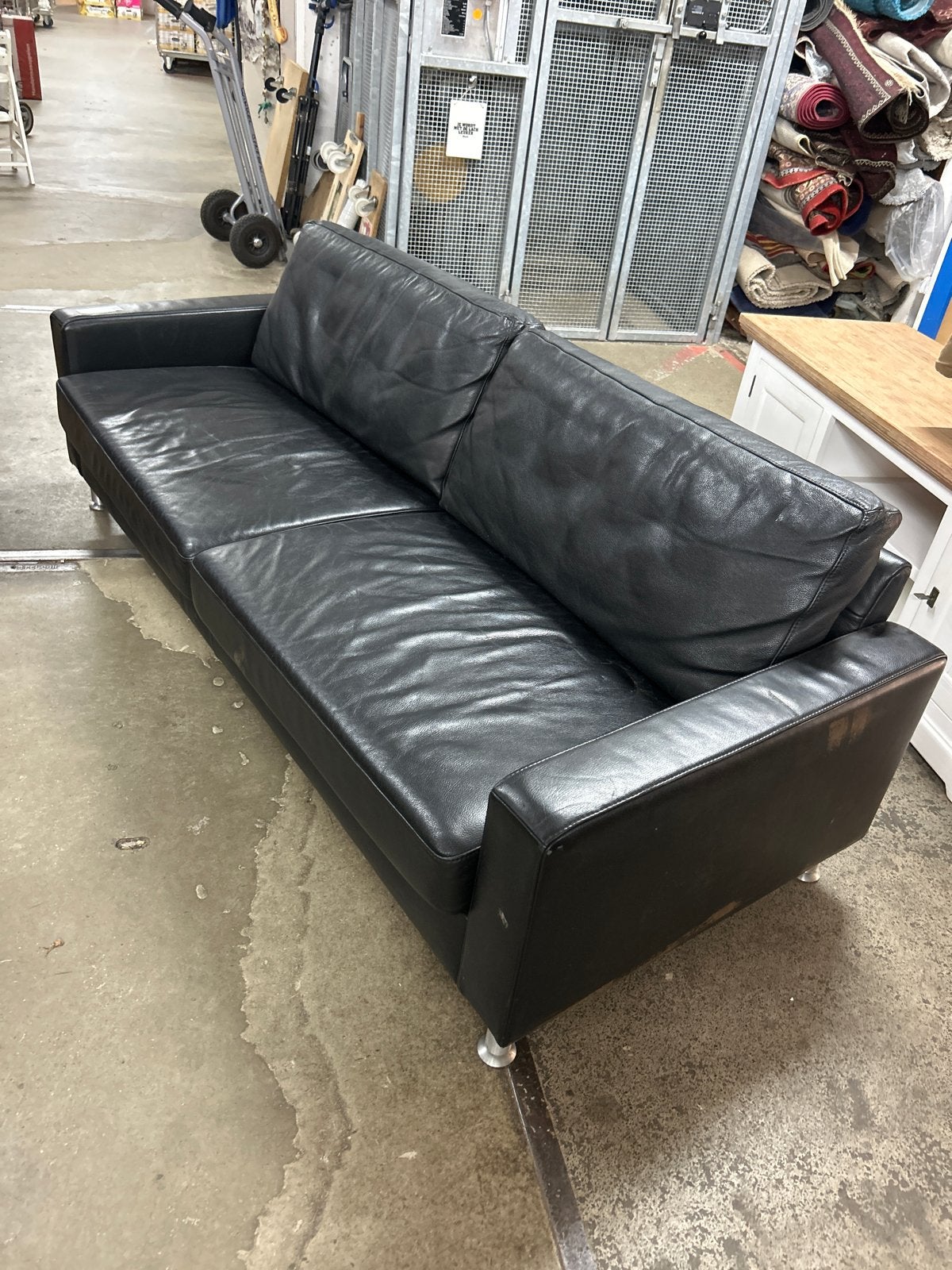 Zwarte leren bank - 205x85 cm, Ophalen, Gebruikt, Driepersoons, Rechte bank