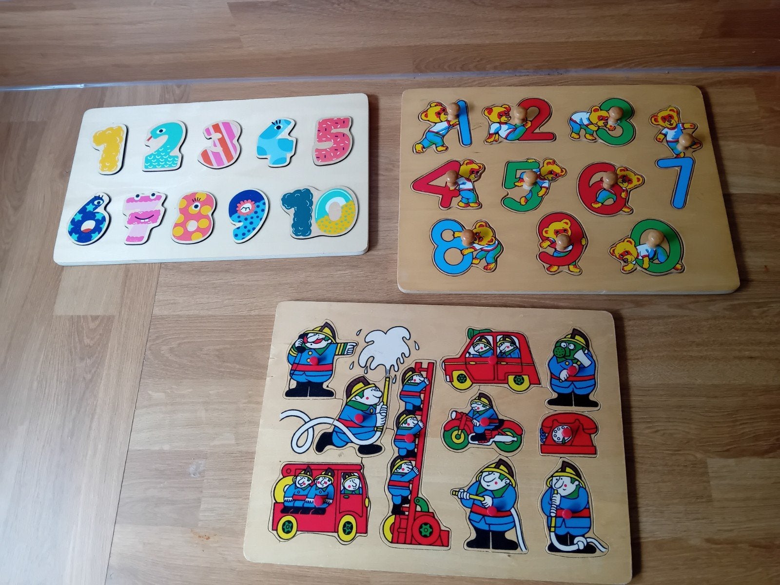 Houten Puzzels: Cijfers, Beren en Brandweer, 2 tot 4 jaar, Gebruikt, Ophalen of Verzenden, Van hout