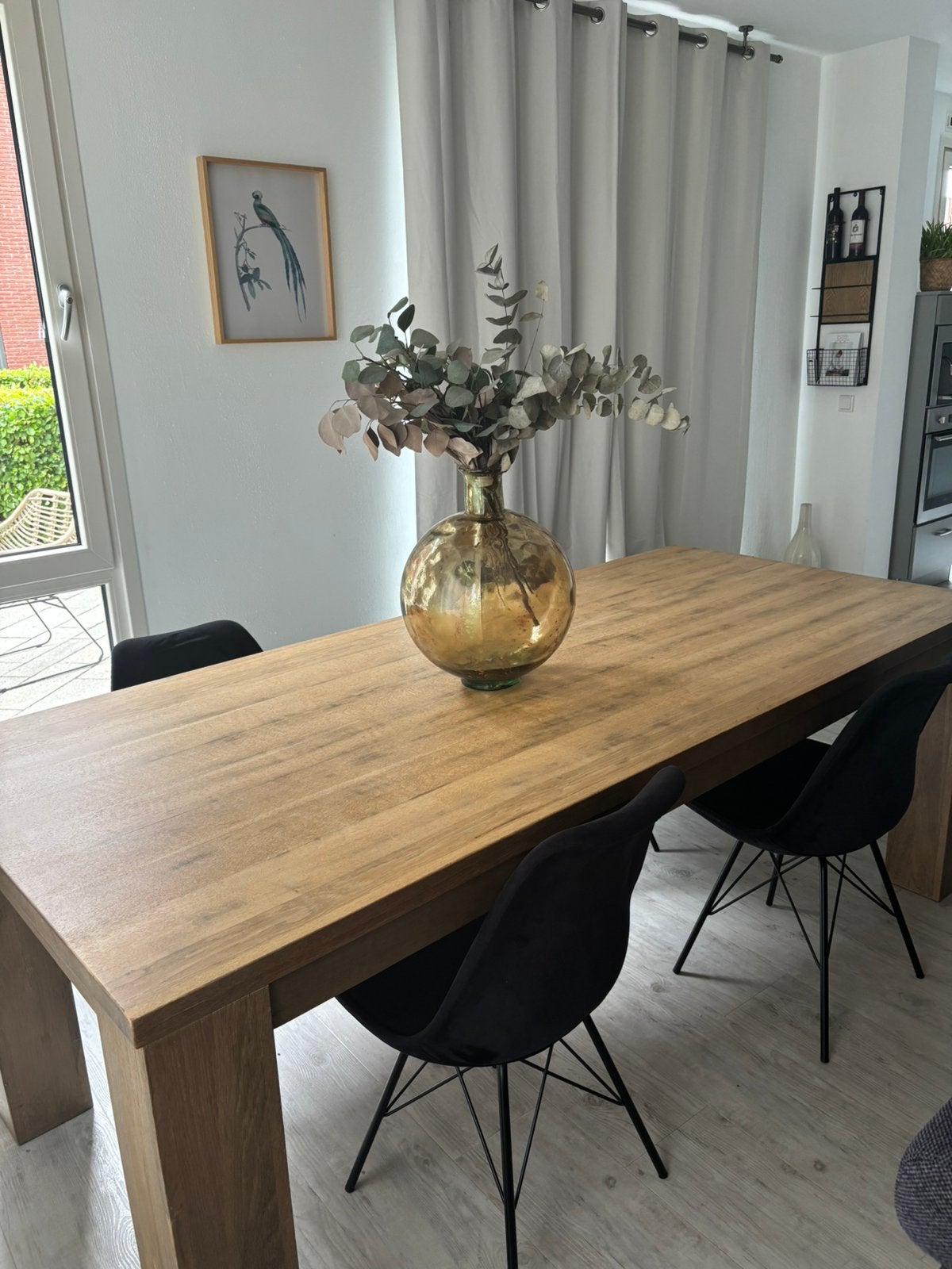 Houten tafel + 4 zwarte stoelen, Ophalen, 200 cm of meer, 50 tot 100 cm, Zo goed als nieuw