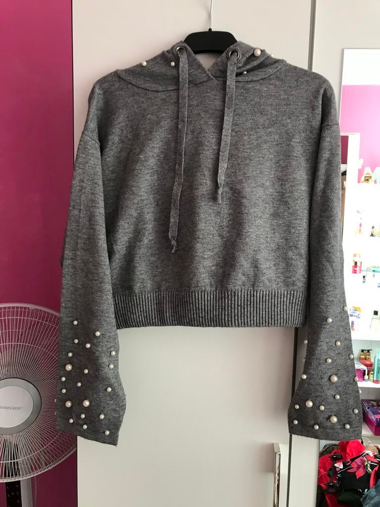 Zara Knit Grijze Cropped Hoodie met Parels Maat S, Ophalen of Verzenden, Zo goed als nieuw, Maat 36 (S), Grijs