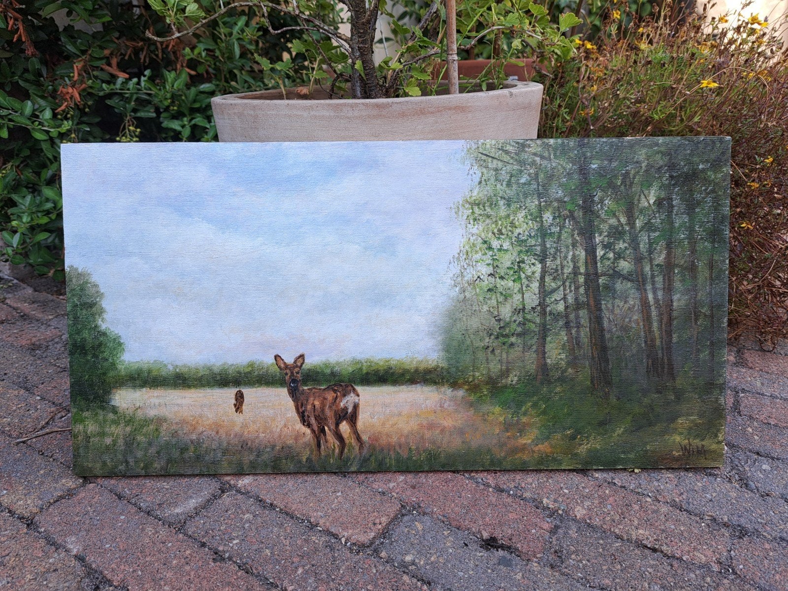 Schilderij met hert in bosrand - paneel 25x50, Ophalen of Verzenden, Acrylverf, Dieren, Paneel