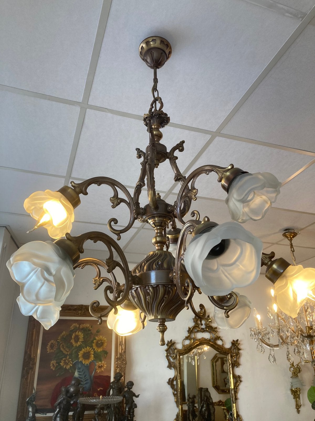 Grote bronzen kroonluchter 9 lichtpunten, Ophalen