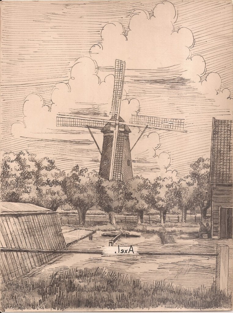 Axel Molen 1948 tekening sievers, Antiek en Kunst, Ophalen of Verzenden, Tekening, Pentekening, Handgemaakt