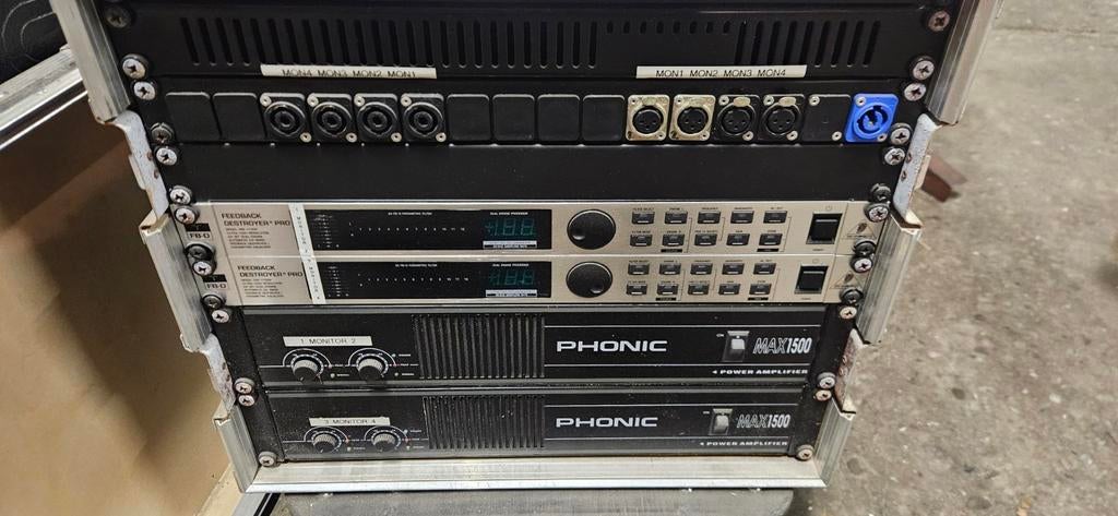 Compleet monitor rack (Phonic MAX1500 + Feedback Destroyer P, Ophalen of Verzenden, Audio