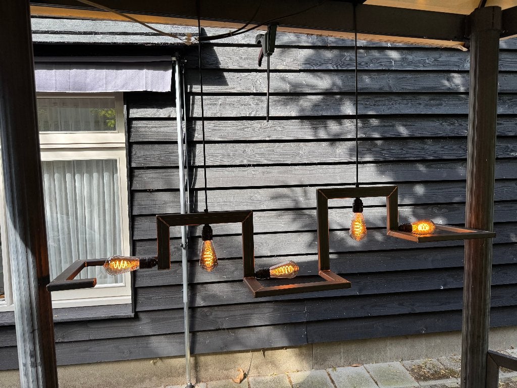 Industriële hanglamp met 3 Edison gloeilampen, Ophalen, E27 (groot), Zo goed als nieuw, Metaal