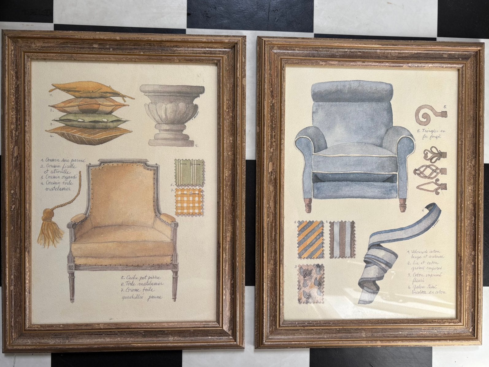 Set van 2 decoratieve aquarels in klassieke lijsten, Ingelijst, Ophalen of Verzenden, Overige onderwerpen, Overige techniek