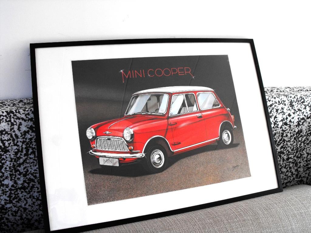 Minicooper oldtimer jaren 70 poster in lijst, Ophalen, Met lijst, Zo goed als nieuw, A1 t/m A3