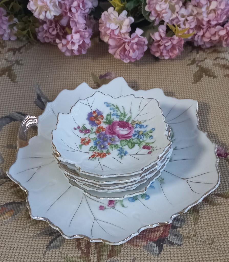 Mooi brocant petit-four setje, 7-delig, roze roos, bloemen, Antiek en Kunst, Curiosa en Brocante, Ophalen of Verzenden