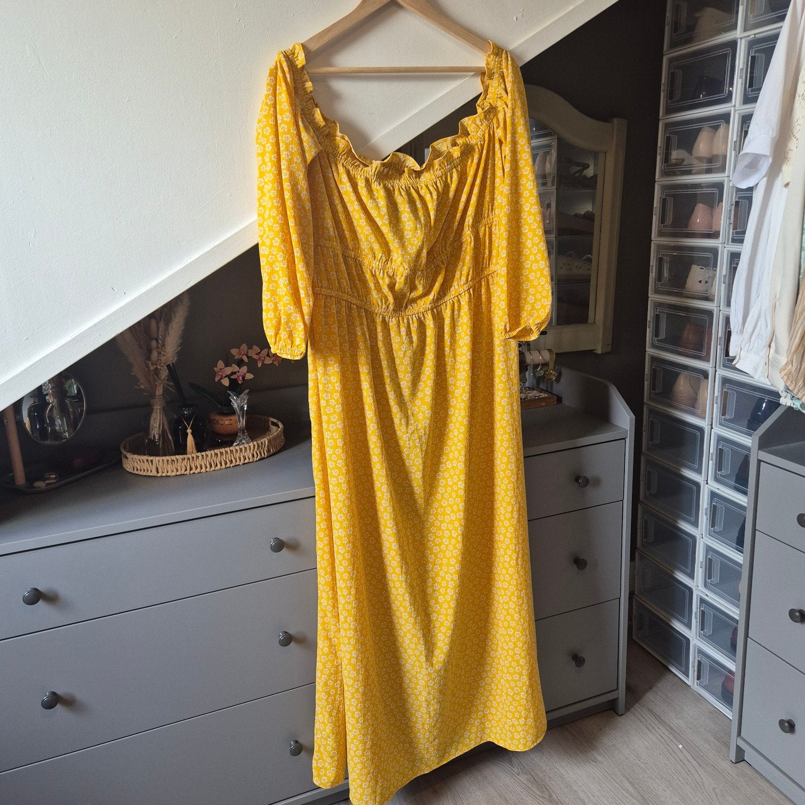 H&M Off-Shoulder Maxi Jurk - Geel Bloemenmotief - Maat XL, H&M, Geel, Maat 46/48 (XL) of groter, Ophalen of Verzenden