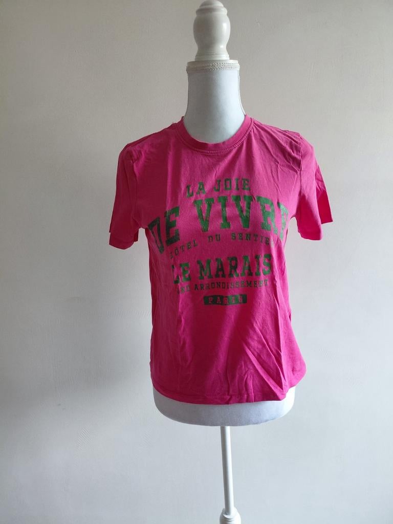 Roze T-shirt met 'La Joie de Vivre' print - Maat m Only, Ophalen of Verzenden, Gedragen, Roze, Korte mouw
