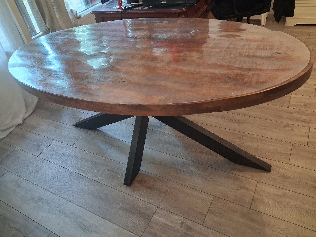 Eettafel ovaal mangohout 180cm, Ophalen, 50 tot 100 cm, Zo goed als nieuw, Vijf personen of meer