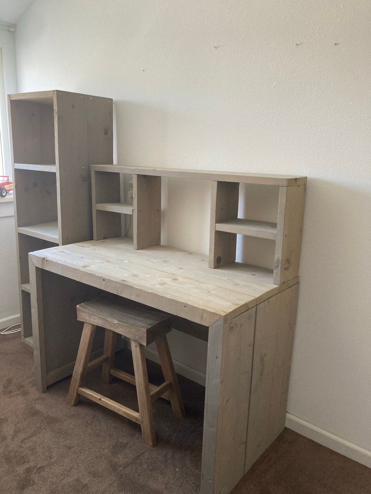 Houten bureau met opzetstuk en bijpassende kast, Ophalen, Opbergruimte, Gebruikt, 120 cm