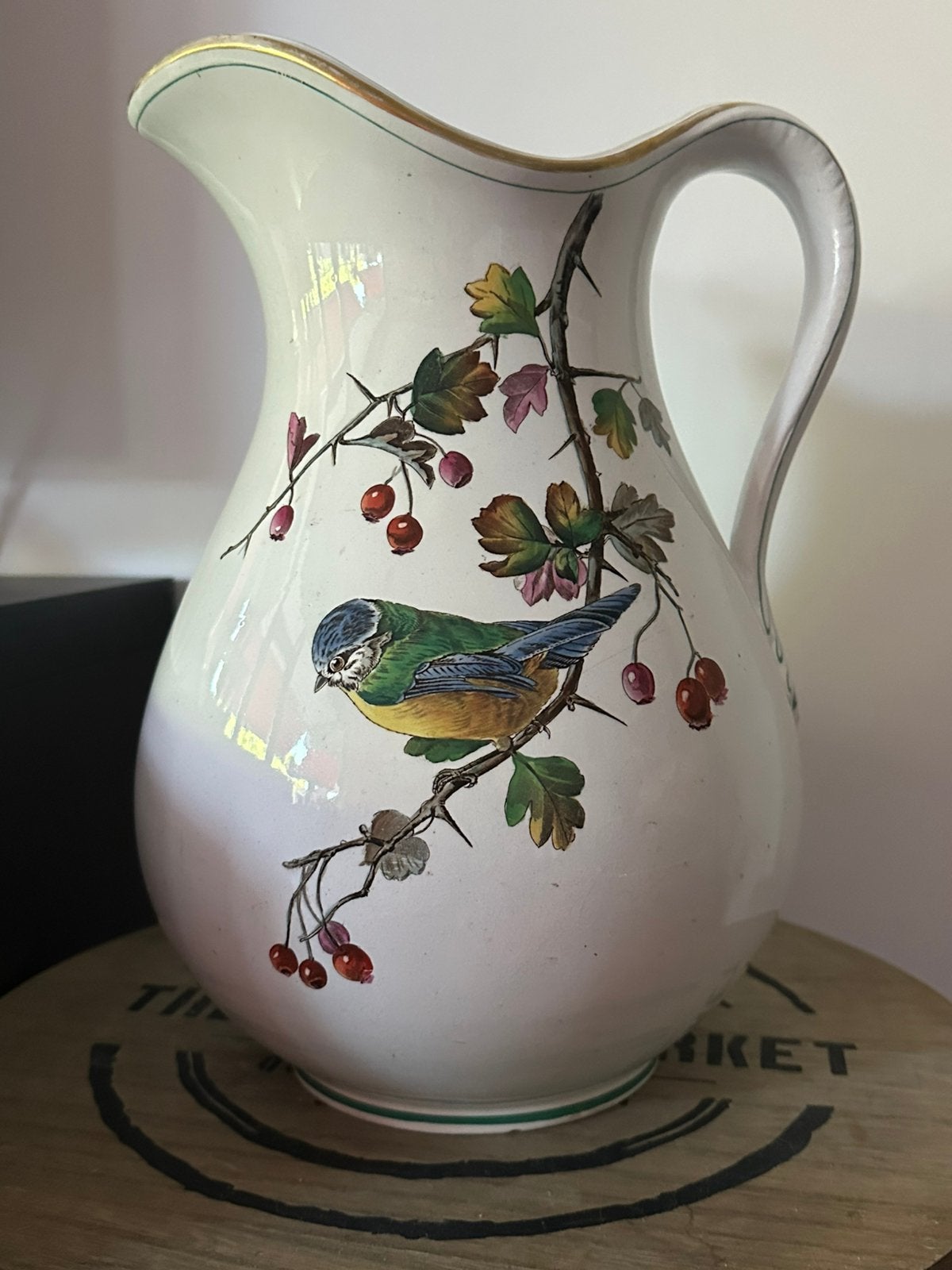 Grote antieke kan van Minton met vogels / terre de fer, Ophalen of Verzenden
