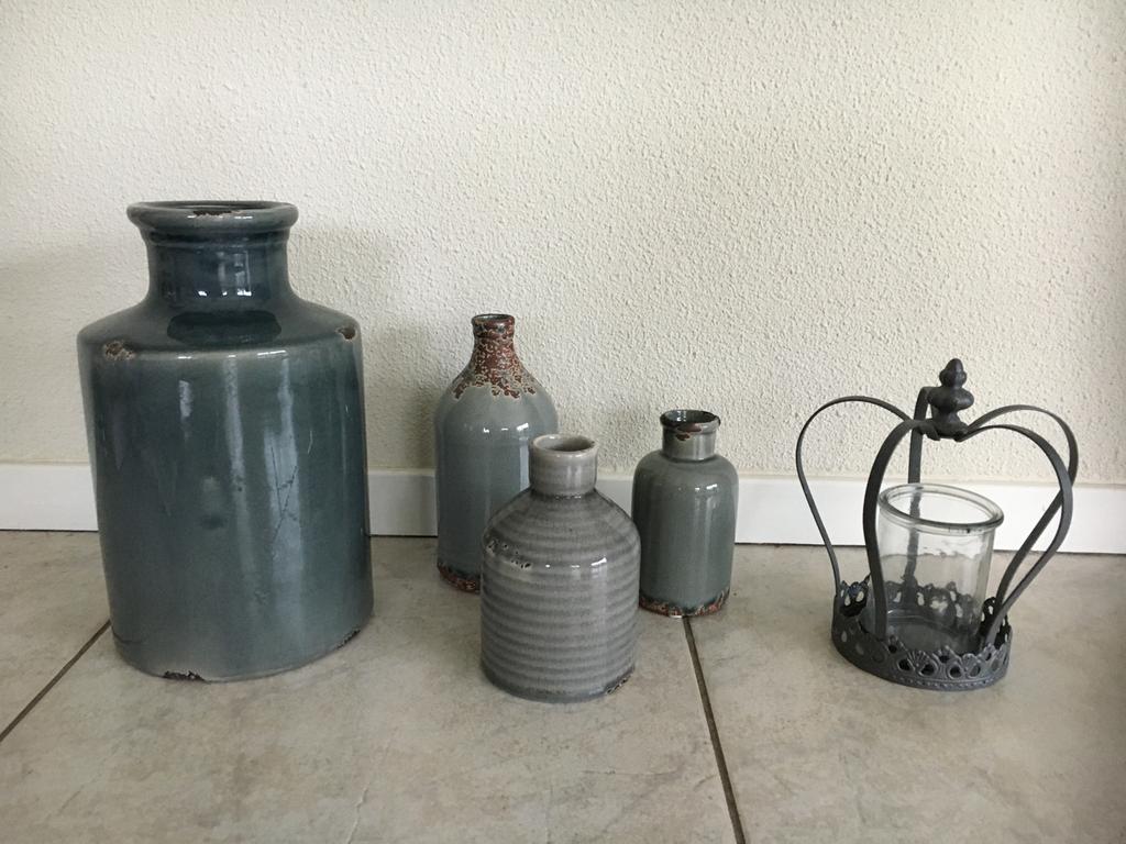 Vazen potten grijs/blauw/bruin geglazuurd aardewerk + kroon, Overige kleuren, Aardewerk of Porselein, Ophalen of Verzenden, Zo goed als nieuw