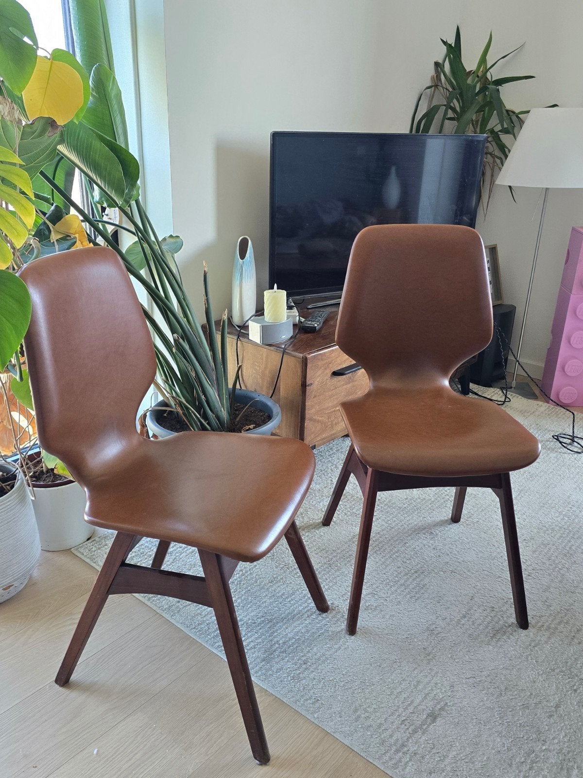 Set van 2 vintage bruine leren stoelen met houten frame, Ophalen, Gebruikt, Twee, Bruin