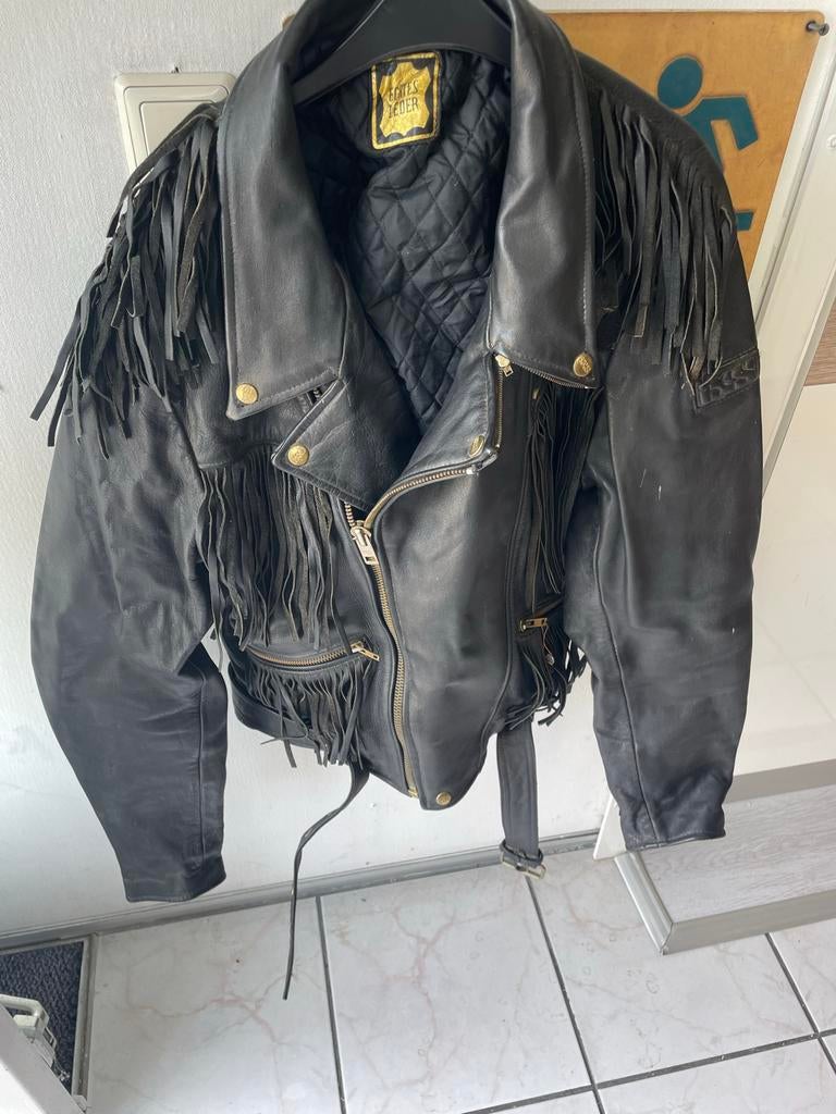 Vintage Zwart Leren Motorjas met Franjes - Maat 58, Ophalen of Verzenden, Gedragen, Maat 56/58 (XL), Zwart