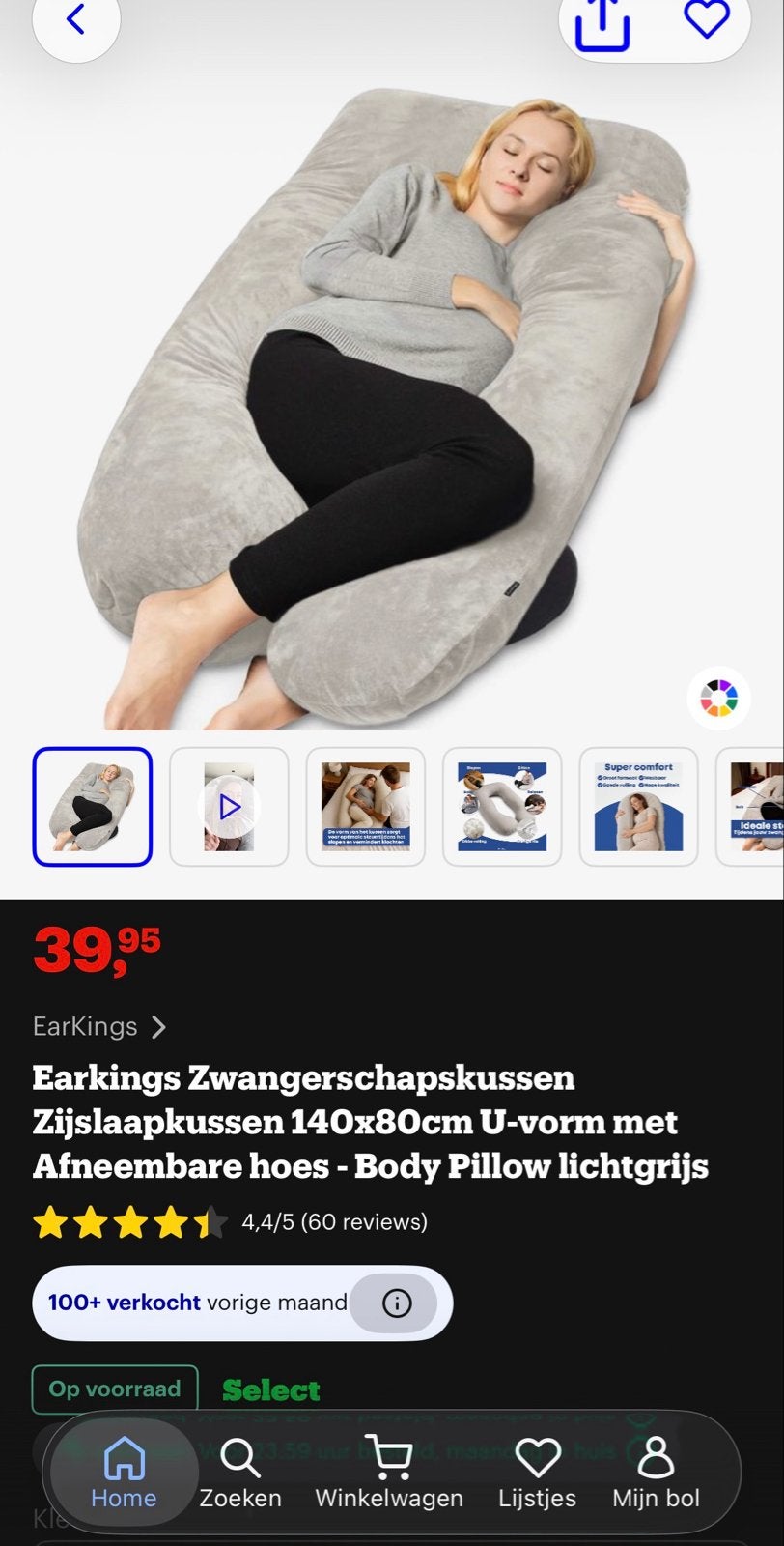 Zwangerschapskussen / Zijslaapkussen U-vorm lichtgrijs, Ophalen of Verzenden, Zo goed als nieuw