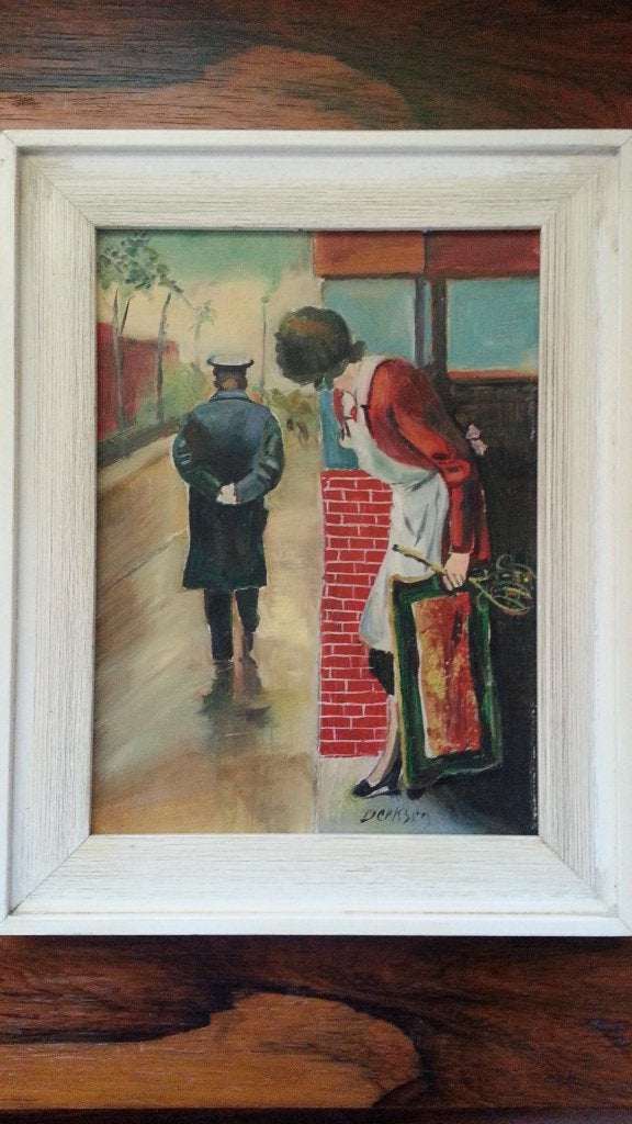 Heel leuk SCHILDERIJ Huisvrouw en agent   gesigneerd Derksen, Ophalen of Verzenden