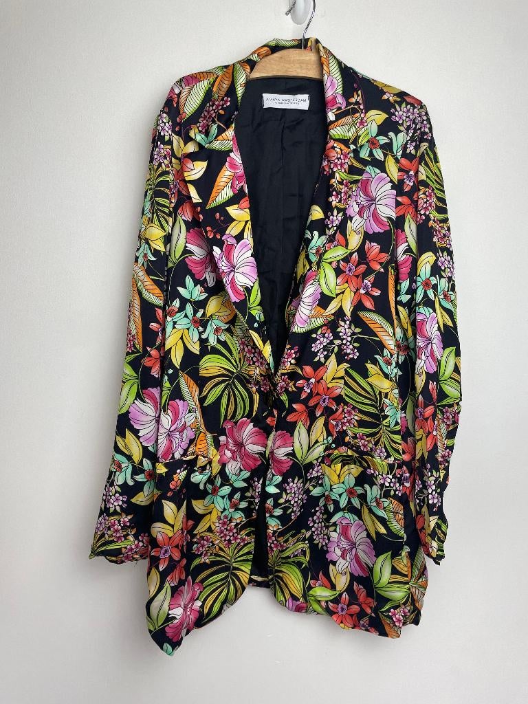 Amaya Amsterdam broekpak pantalon blazer floral zwart  XS, Kostuum of Pak, Amsterdamsestraatweg 43 B, 1411AX Naarden, Zwart, Ophalen of Verzenden