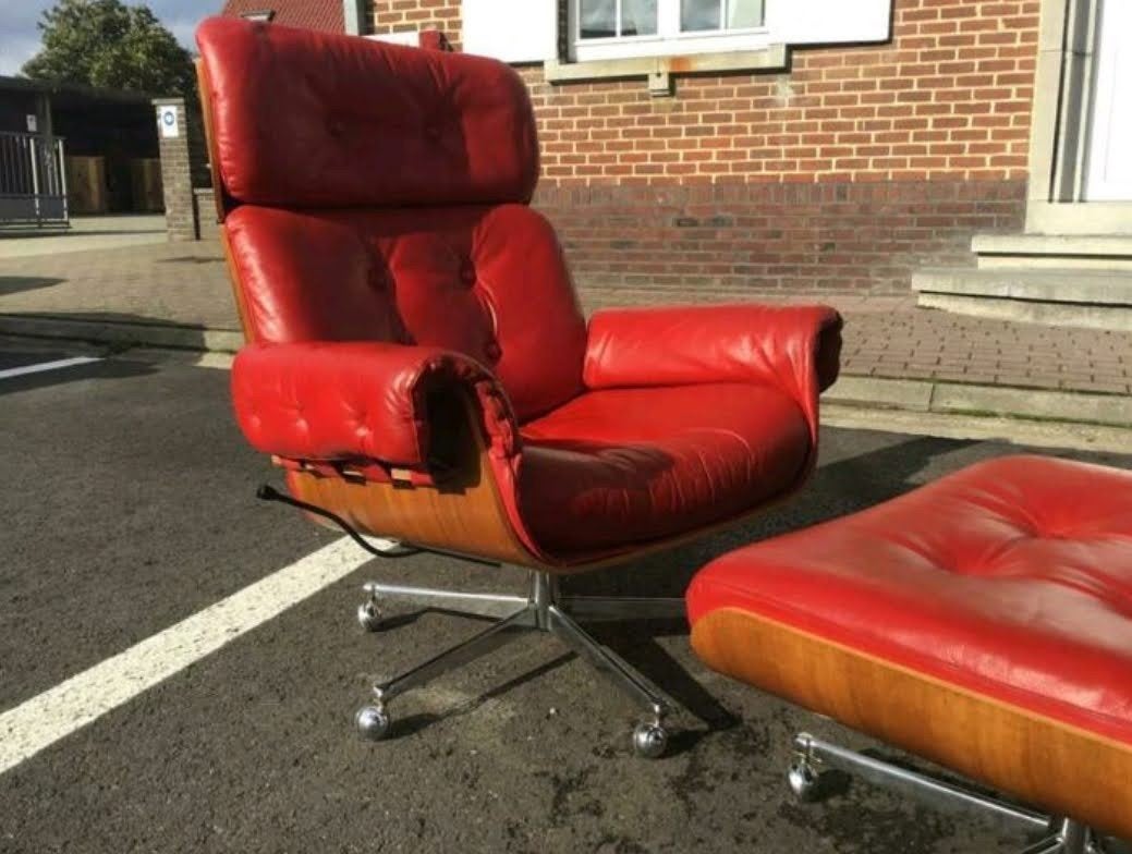Vintage Martin Stoll Lounge Stoel met Voetenbank - Rood Leer, Ophalen, Gebruikt, 50 tot 75 cm, Leer