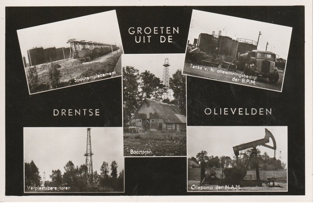 Emmen Schoonebeek  Drentse olievelden  groeten uit, Verzamelen, Ophalen of Verzenden, 1940 tot 1960, Ongelopen, Drenthe