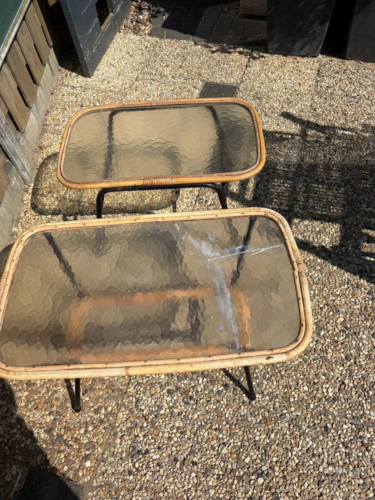 Vintage Rohe authentieke rotan tafeltjes helaas glas stuk, Huis en Inrichting, Tafels | Bijzettafels, 45 tot 60 cm, Minder dan 55 cm