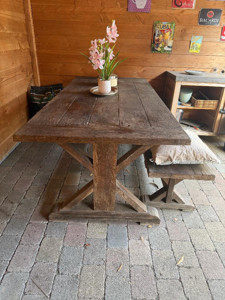 Eiken Kloostertafel (217cm) massief + bank, Ophalen, Gebruikt, 100 tot 150 cm, Eikenhout