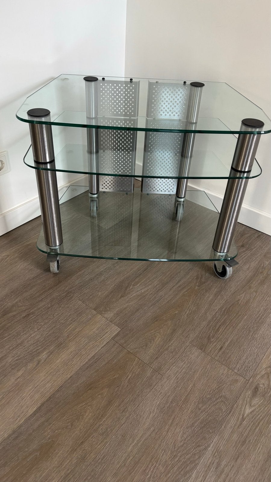 Glazen tv meubel met metalen poten en wieltjes, Ophalen, Gebruikt, 50 tot 100 cm, Glas