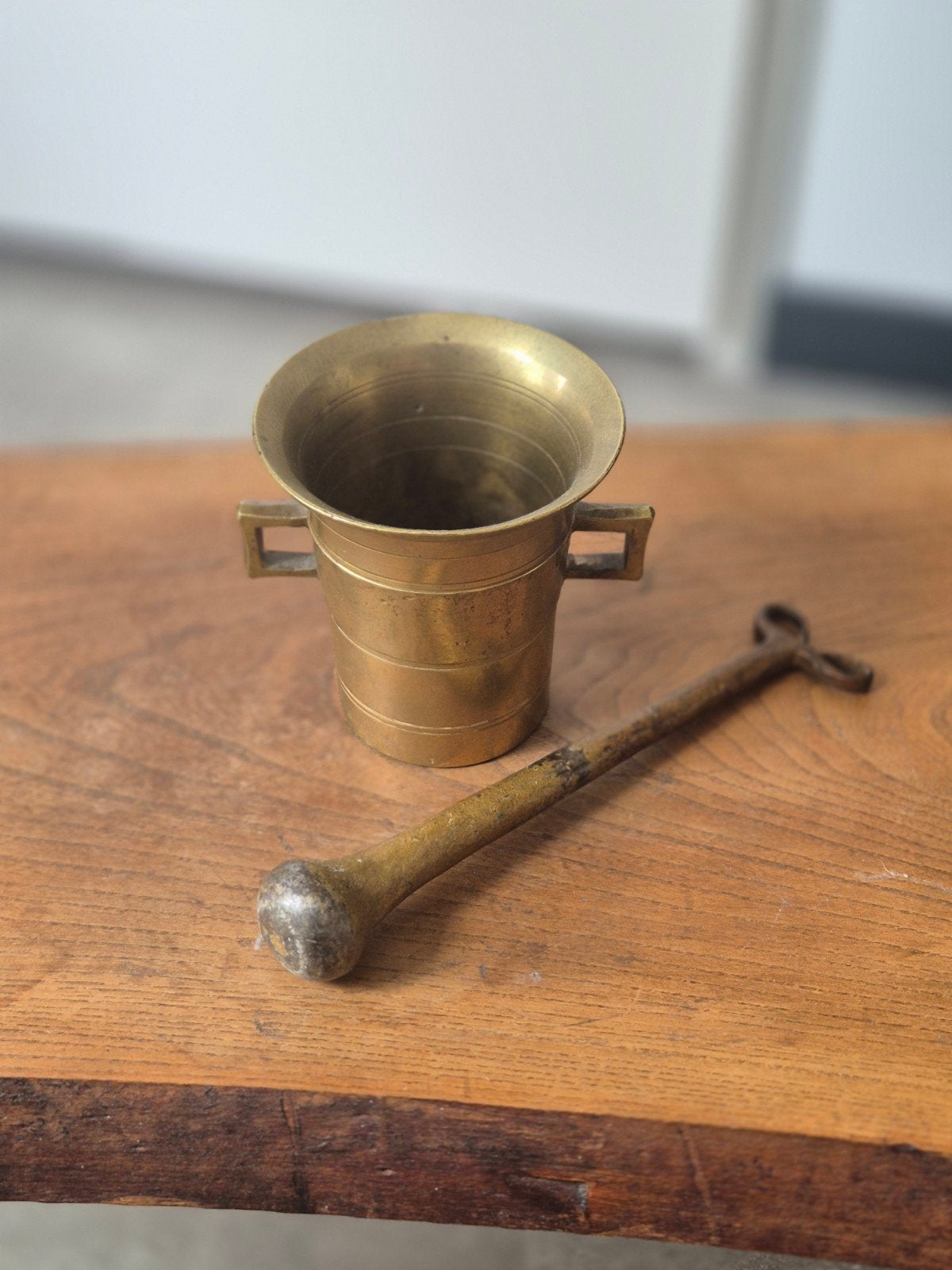 Antieke messing vijzel met stamper, Ophalen of Verzenden