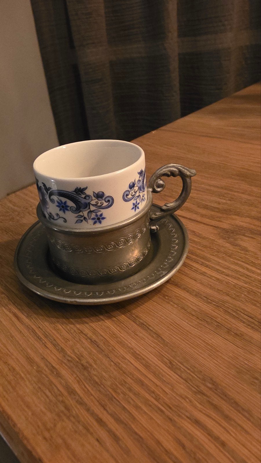 Antieke tinnen koffiekop met Delfstblauw porselein, Ophalen of Verzenden