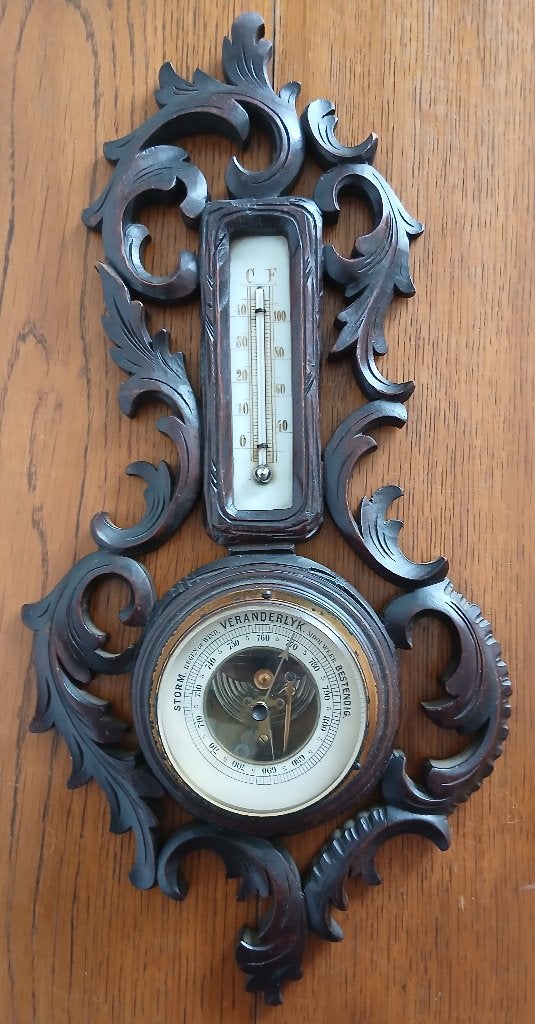 Antieke wand-barometer met thermometer, houtsnijwerk, Gebruikt, Ophalen of Verzenden, Overige merken, Hout