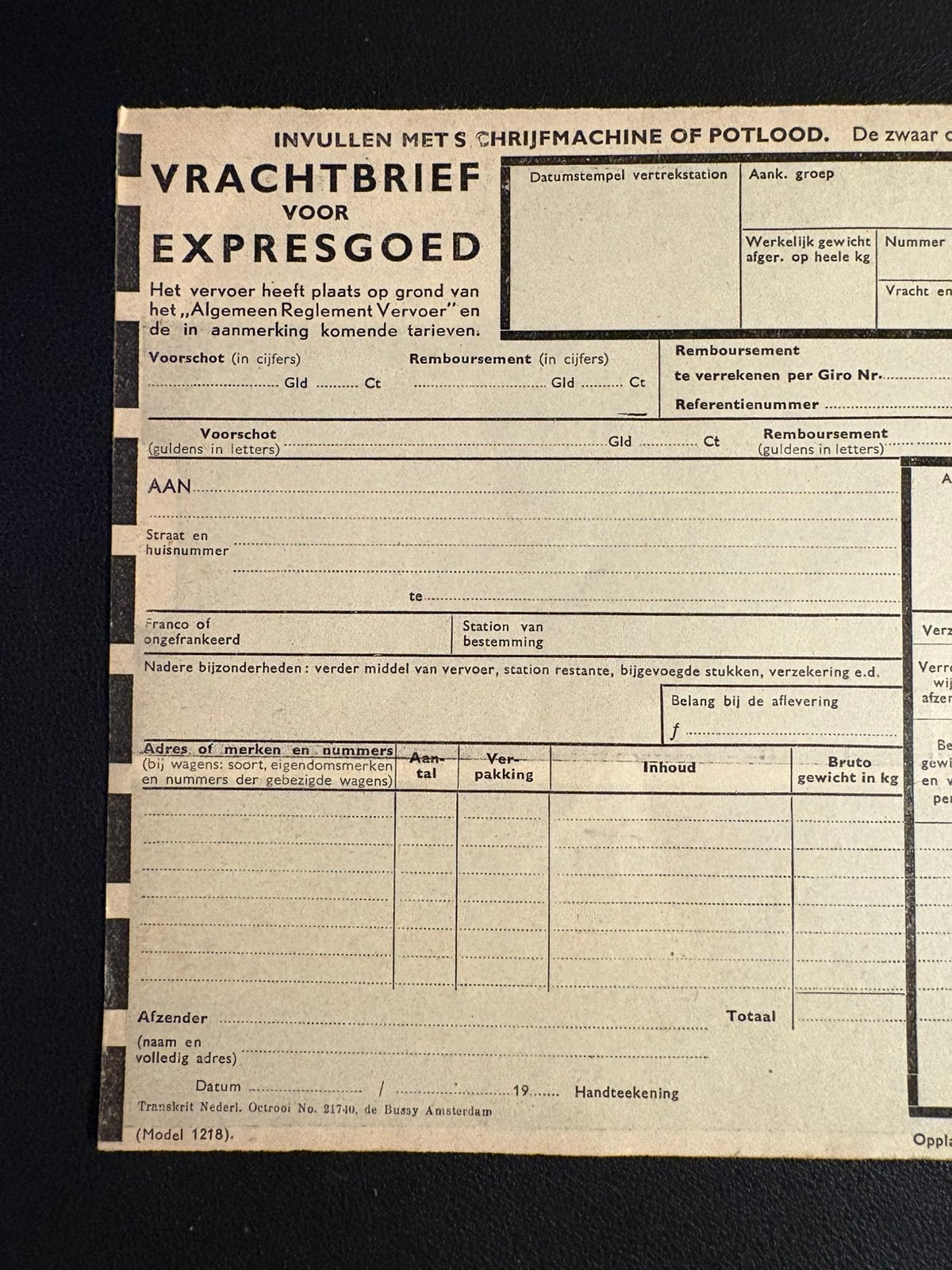 Blanco vrachtbrief voor expresgoed NS (1947), Ophalen of Verzenden, Zo goed als nieuw, Trein