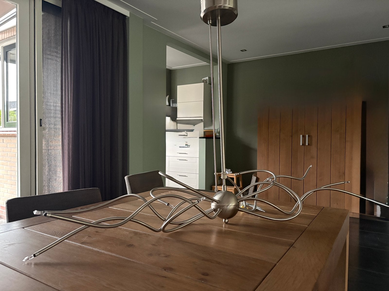Hanglamp octopus 2009 RVS. Alles werkt. Dimbaar, Ophalen, Gebruikt, 50 tot 75 cm, RVS medusa