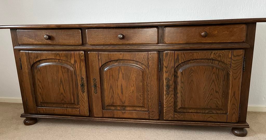 Massief eiken dressoir met lades en deuren, Ophalen, Gebruikt, 150 tot 200 cm, Eikenhout