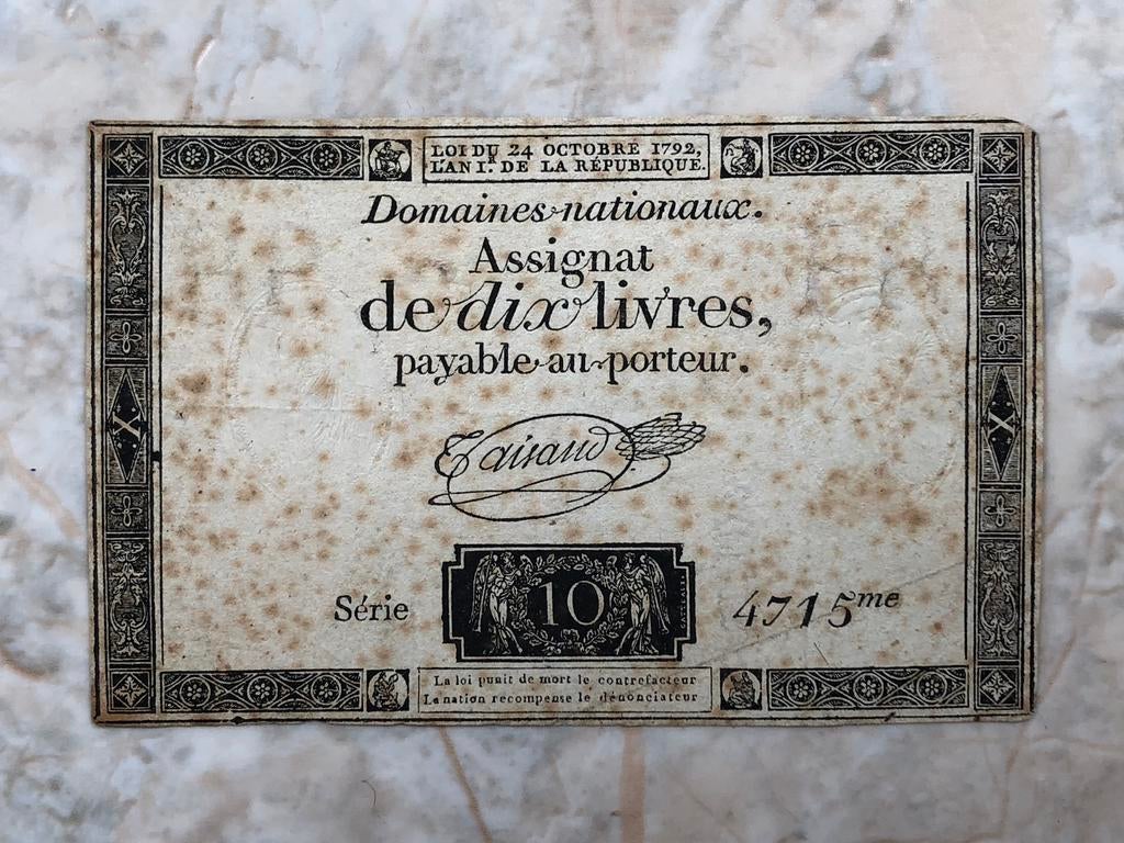 Assignat 10 livres 1792, Frankrijk., Verzenden, Frankrijk, Los biljet