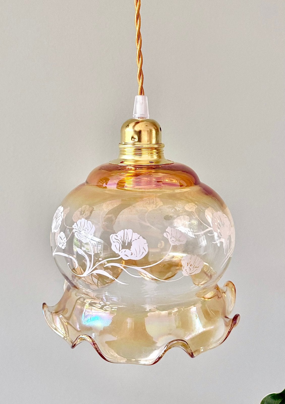 Vintage glazen bloemen lampenkap hanglamp lamp, Ophalen of Verzenden, Zo goed als nieuw, Goud, Hanglamp