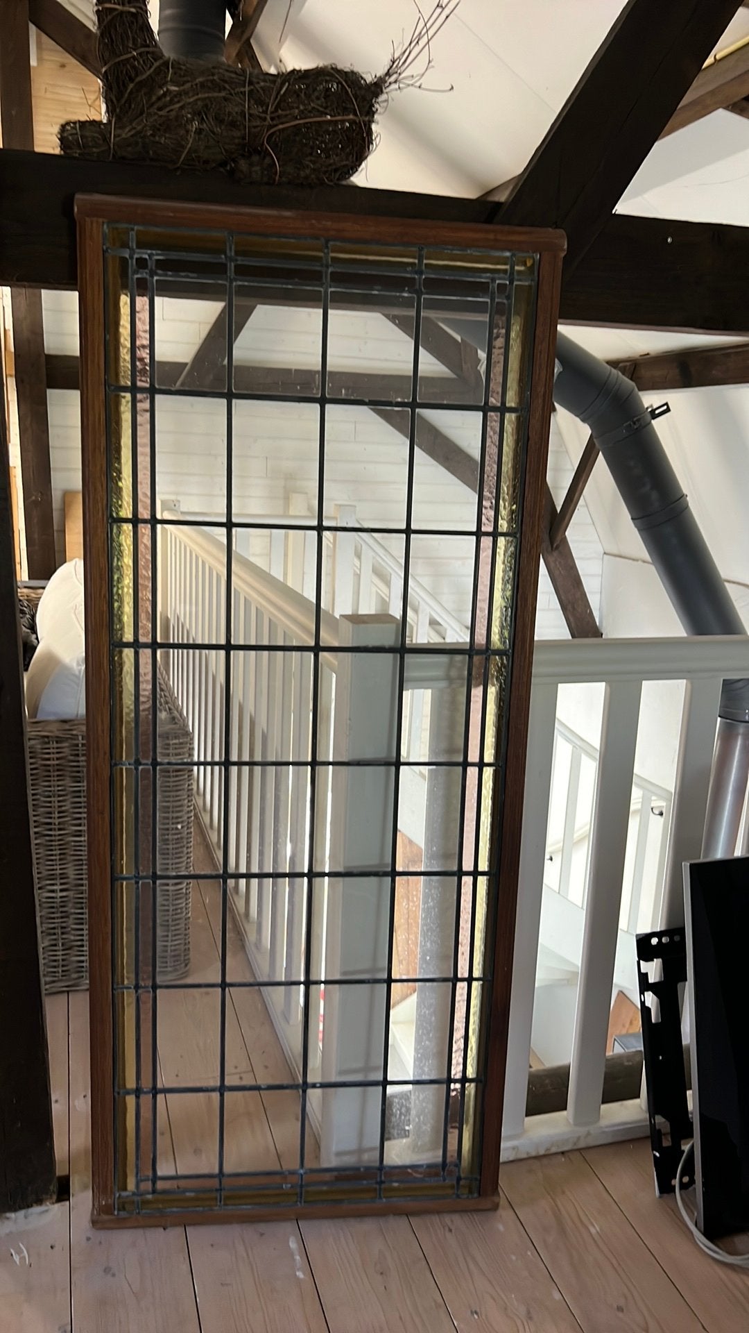 Prachtig oud glas in lood raam in eikem omlijsting., Doe-het-zelf en Verbouw, Glas en Ramen, Ophalen, Zo goed als nieuw, Minder dan 80 cm