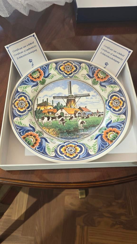 3 Delfts Blauw Sierbord met Molen en Koeien - Certificaat, Ophalen of Verzenden